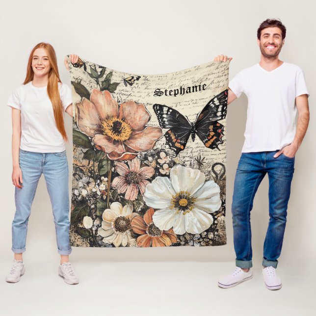 Rustische Blume und Schmetterlinge - Altpapier (14 Fleecedecke (Beispiel)
