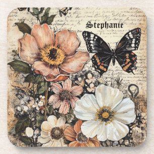 Rustische Blume und Schmetterlinge - Altpapier (14 Getränkeuntersetzer
