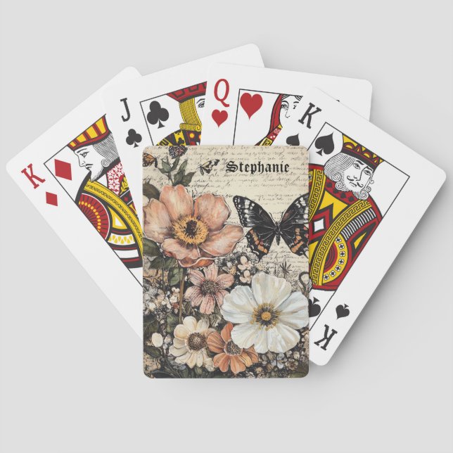 Rustische Blume und Schmetterlinge - Altpapier (14 Spielkarten (Rückseite)