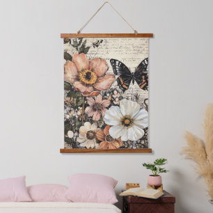 Rustische Blume und Schmetterlinge - Altpapier (14 Wandteppich Mit Holzrahmen