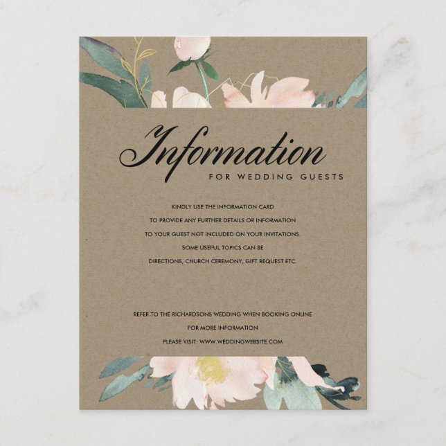 RUSTISCHE BLUSH KRAFT GOLD FLORAL WEDING INFORMATI BEGLEITKARTE (Vorderseite)