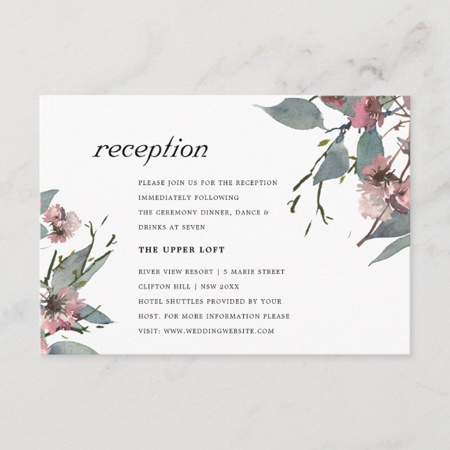 RUSTISCHE CHIC WILD PINK EUCALYPTUS FLORALRECEPTIO BEGLEITKARTE (Vorderseite)