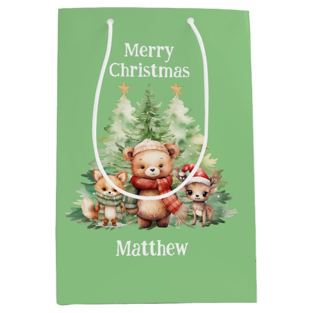 RUSTISCHE CHRISTMAS HOLZTIERE PERSONALISIEREN MITTLERE GESCHENKTÜTE (Vorderseite)