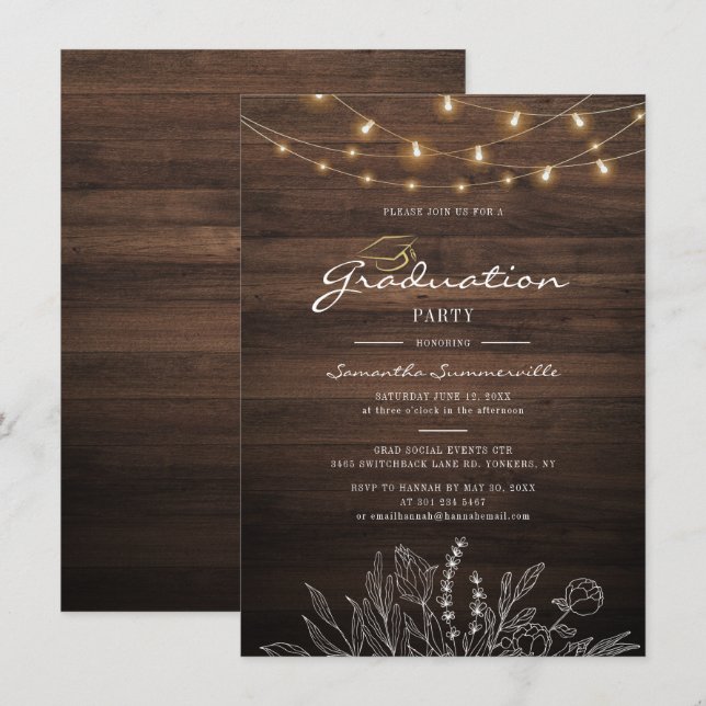 Rustische Graduation Party 2022 String Lights Einladung (Vorne/Hinten)