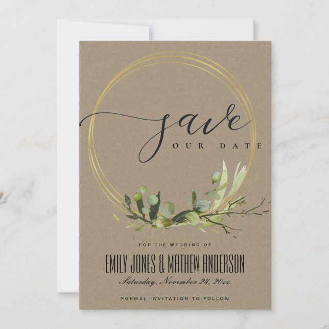 RUSTISCHE KRAFTLINIE GREEN GOLD FOLIAGE WATERCOLOR SAVE THE DATE (Vorderseite)