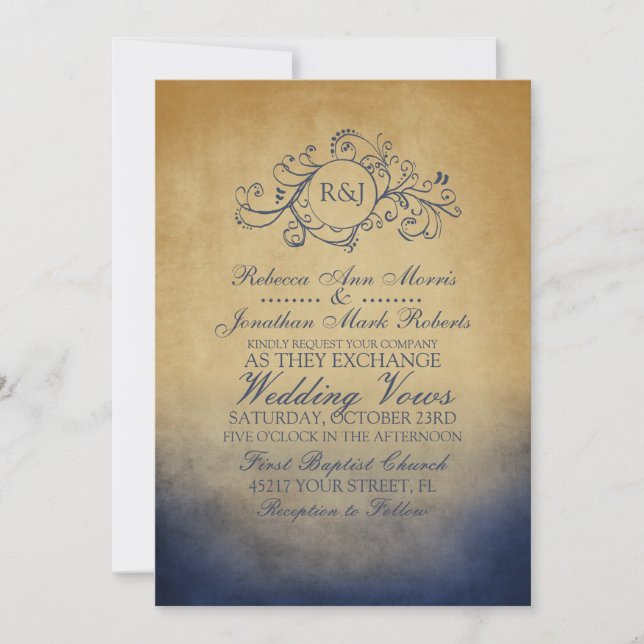 Rustische Marine und Gold Bohemisch Hochzeitseinla Einladung (Vorderseite)