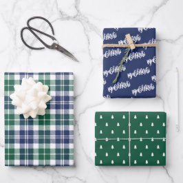 Rustische Marine und grüne Uhr Kariert frohe Weihn Geschenkpapier Set