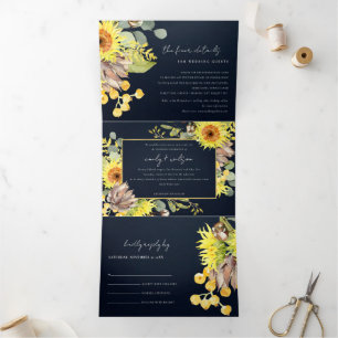 RUSTISCHE NAVY SUNFLOWER EUCALYPTUS FLUSSBREITE DREIFACH GEFALTETE EINLADUNG