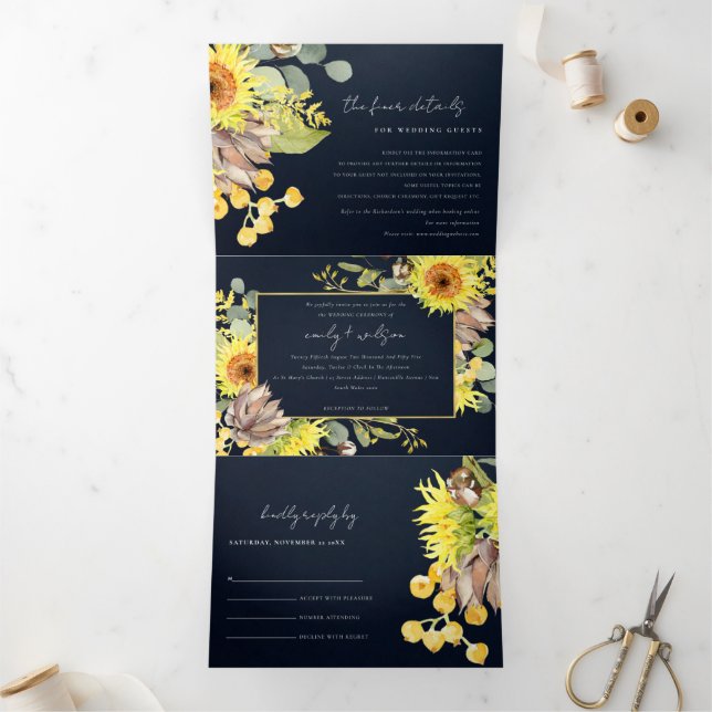 RUSTISCHE NAVY SUNFLOWER EUCALYPTUS FLUSSBREITE DREIFACH GEFALTETE EINLADUNG (Innenseite)