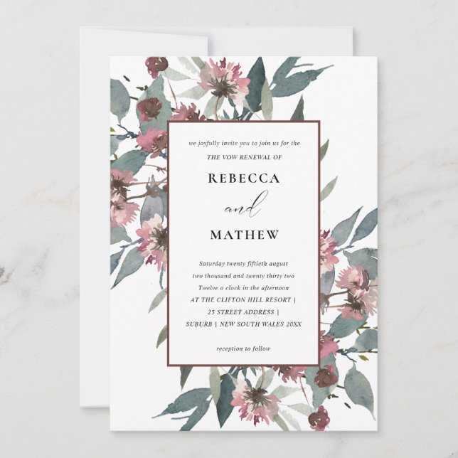 RUSTISCHE PINK EUCALYPTUS FLORAL VOW RENEWITE INVI DANKESKARTE (Vorderseite)