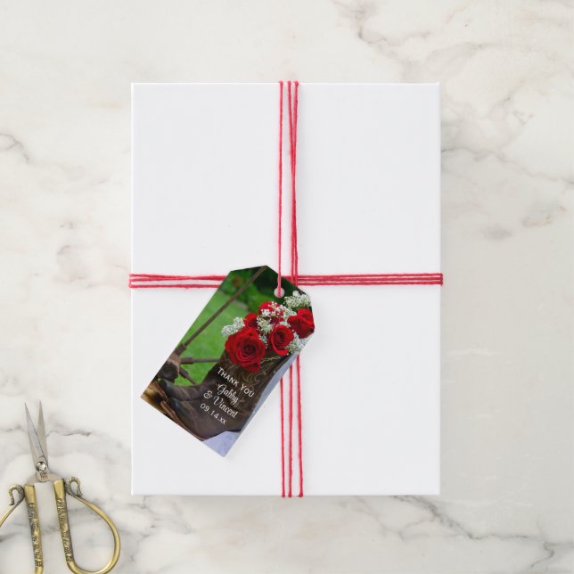Rustische Rose und Cowboy Boots Gastgeschenk Hochz Geschenkanhänger (Mit Garn)