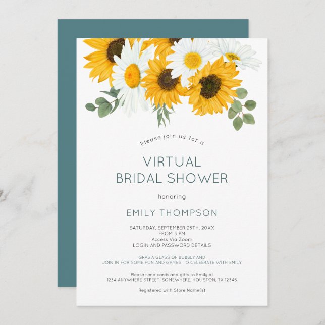 Rustische Sonnenblumen Florals Virtual Brautparty Einladung (Vorne/Hinten)