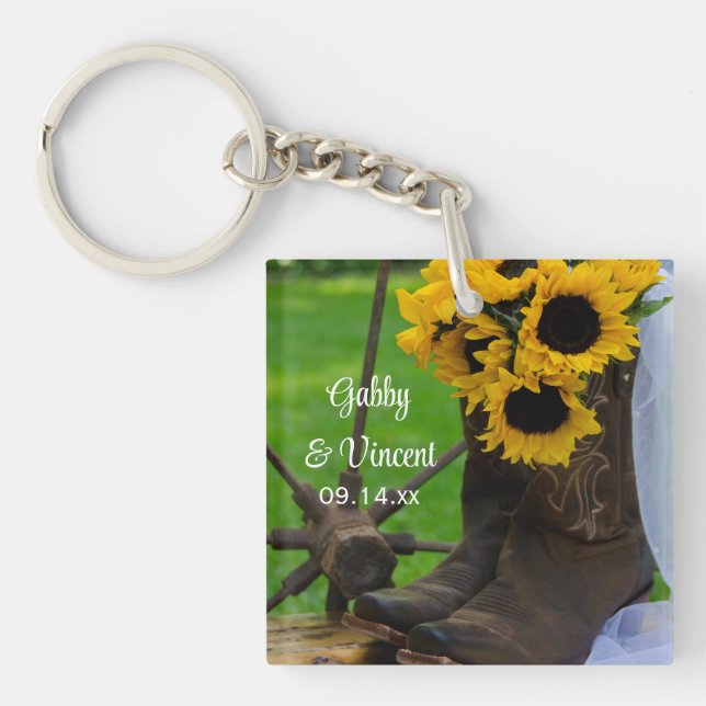 Rustische Sonnenblumen und Cowboy Boots Western Ho Schlüsselanhänger (Vorderseite)