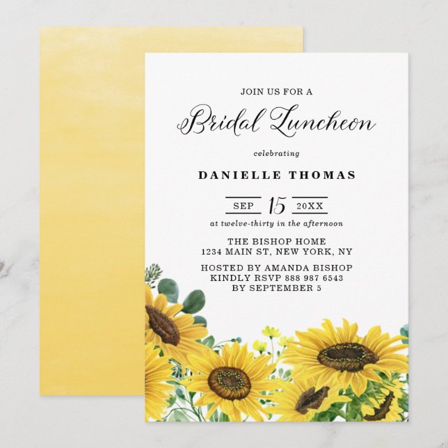 Rustische Sonnenblumen und Eukalyptus Bridal Lunch Einladung (Vorne/Hinten)