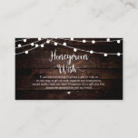 Rustische Streichleuchten, Holz, Honeymoon-Wish Begleitkarte<br><div class="desc">Das ist der moderne Rustikale Braunholz,  String Lights Design,  White Script Minimalismus,  Schriftzeichen-Schriftart,  Hochzeitskarte. Sie können die Farben des Schriftartes ändern und Ihre Hochzeitsdetails in den entsprechenden Schriftart / Schrift hinzufügen. #TeeshaDerrick</div>