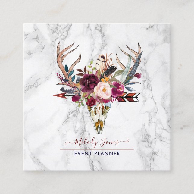 RUSTISCHE WASSERFARBE BLUME, SKULL+ARROW MARBLE QUADRATISCHE VISITENKARTE (Vorderseite)