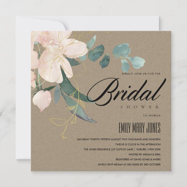 RUSTISCHES BLUSFLORAL KRAFT WATERCOLOR BRAUTPARTY EINLADUNG (Vorderseite)