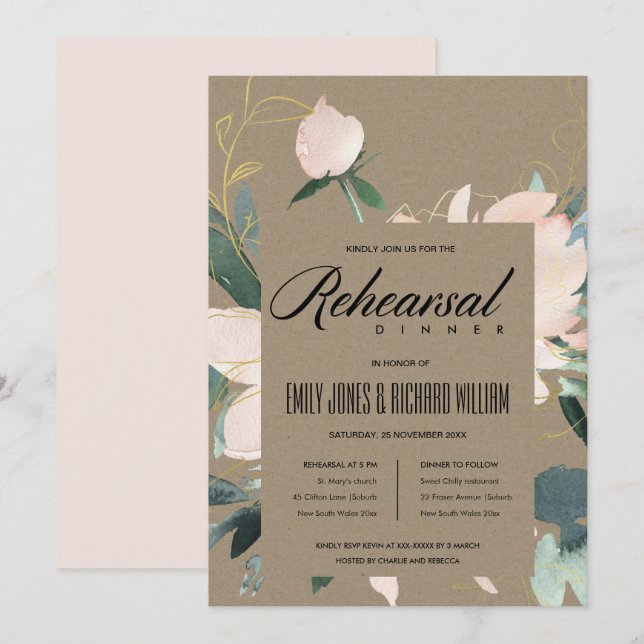 RUSTISCHES BLUSH FLORAL WATERCOLOR PROBE DINNER EINLADUNG (Vorne/Hinten)