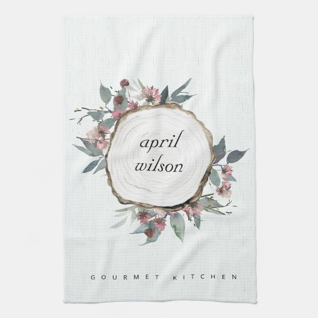 RUSTISCHES HOLZSLICE WILD PINK FLORAL EUCALYPTUS GESCHIRRTUCH (Vertikal)