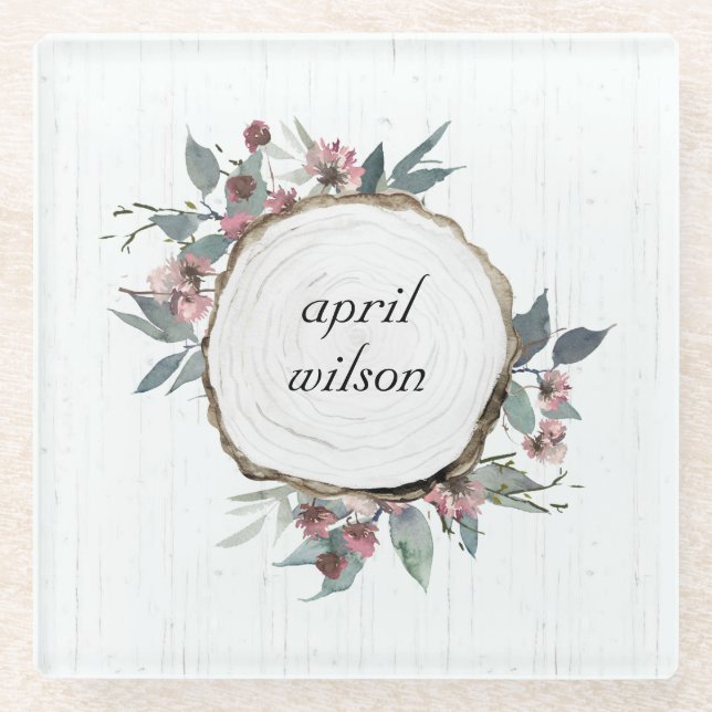 RUSTISCHES HOLZSLICE WILD PINK FLORAL EUCALYPTUS GLASUNTERSETZER (Vorderseite)