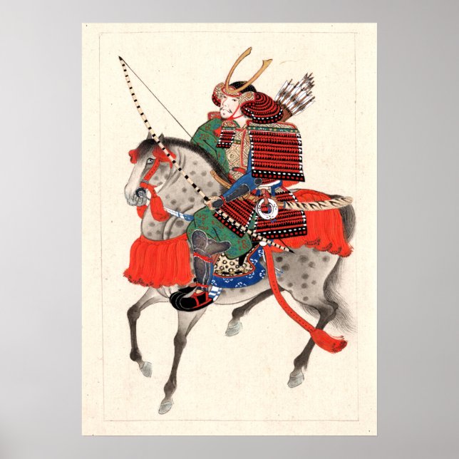 Rüstung und Hornhelm, Samurai auf Pferd Poster (Vorne)