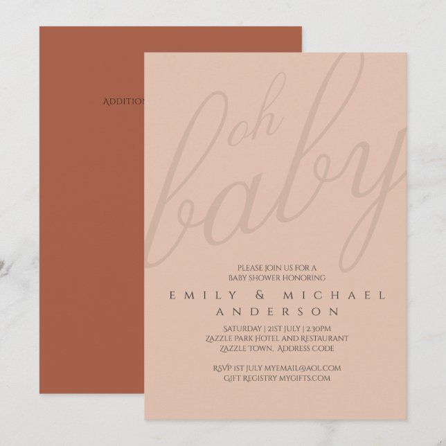 Rusty Blush Typografy Baby Shower Gender Reveal Einladung (Vorne/Hinten)