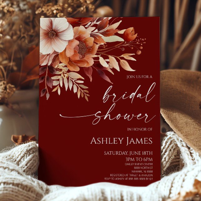 Rusty Burgundy Brown Floral Blume Brautparty Einladung (Von Creator hochgeladen)