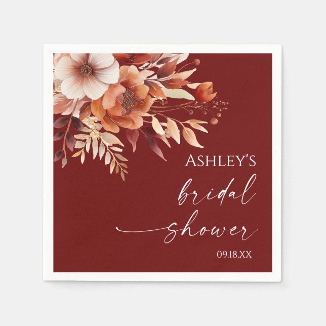 Rusty Burgundy Brown Floral Blume Brautparty Serviette (Vorderseite)