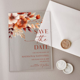 Rusty Burgundy Brown Floral Wedding Save The Date Acryleinladungen