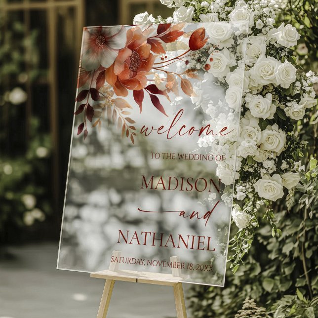 Rusty Burgundy Brown Floral Wedding Welcome Acrylschild (Von Creator hochgeladen)