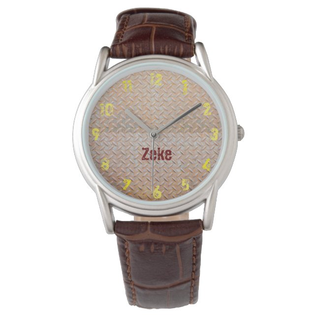Rusty Diamond Plate Steel Individuelle Name Armbanduhr (Vorderseite)