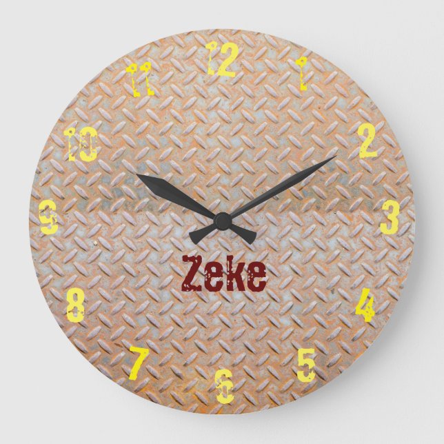 Rusty Diamond Plate Steel Individuelle Name Große Wanduhr (Vorderseite)