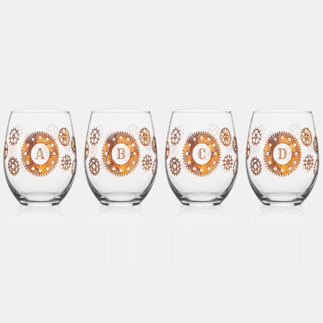 Rusty Gears Steampunk Custom Initial Weinglas Ohne Stiel (Links)