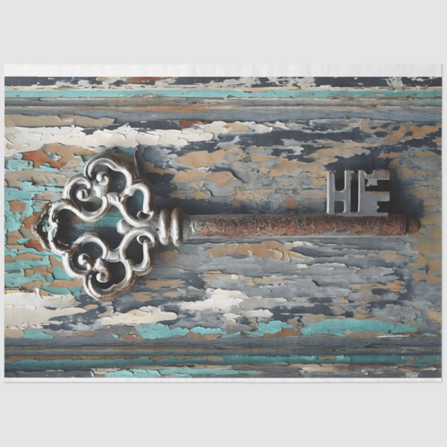 Rusty Key 1 mit schönem Patina-Tissue Paper Seidenpapier (Vorderseite)