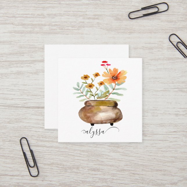 Rusty Pink Rose Flowers Trendy Script Name Quadratische Visitenkarte (Vorderseite/Rückseite Beispiel)