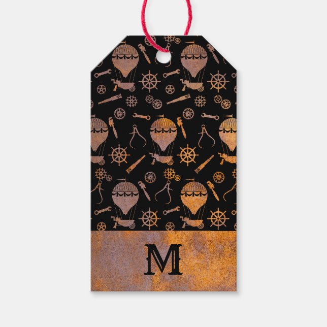 Rusty Steampunk Balloons Monogram Geschenkanhänger (Vorderseite)