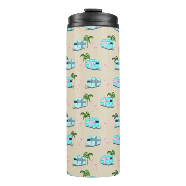RV Beach Camping mit Flamingos Thermosbecher (Vorderseite)