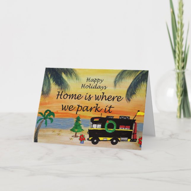 RV Holiday Weihnachtscamper in Strandsonnenunterga Karte (Vorderseite)