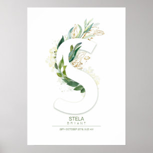 S Buchstabe Monogramm Gold Grünpflanze Foliage Chi Poster