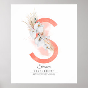 S Buchstabe Monogramm Weiße Orchideen und Pampasgr Poster