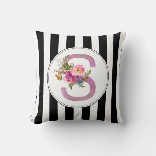 S, Floral Monogramm initial, Aquarellfarbe Blume Kissen