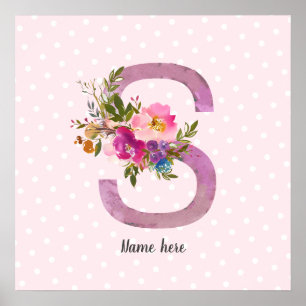S, Floral Monogramm initial, Aquarellfarbe Blume Poster