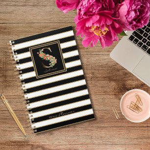 S Gold Floral Monogram Schwarz-weiße Streifen Planer