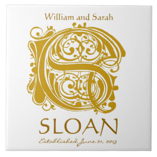 S Gold Monogram on White - Names Wedding Date Tile Fliese