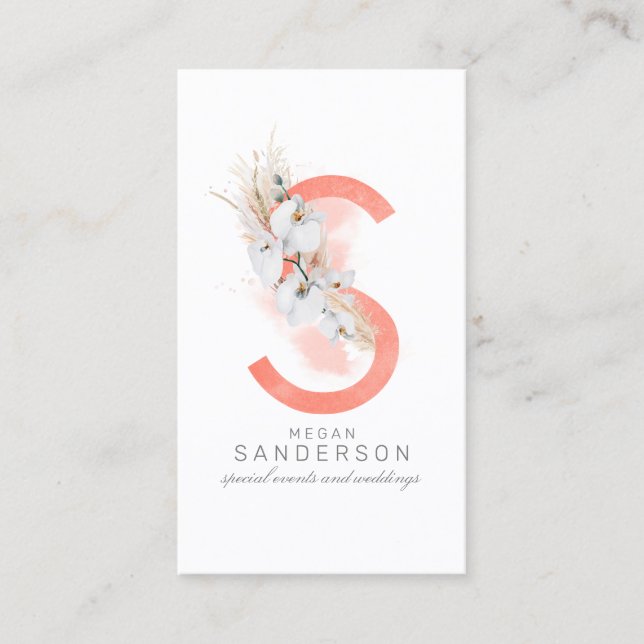 S Letter Monogram White Orchias and Pampas Grass Visitenkarte (Vorderseite)