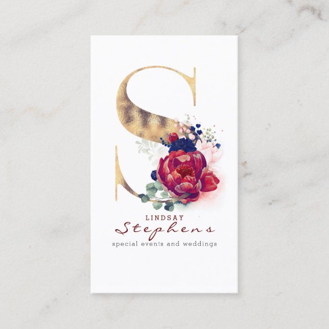 S Monogram Burgundy Gold und Navy Blue Floral Visitenkarte (Vorderseite)