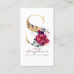 S Monogram Burgundy Red Blume und Gold Glitzer Visitenkarte