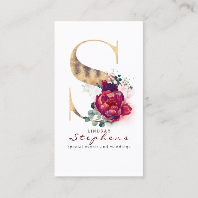 S Monogram Burgundy Red Blume und Gold Glitzer Visitenkarte (Vorderseite)