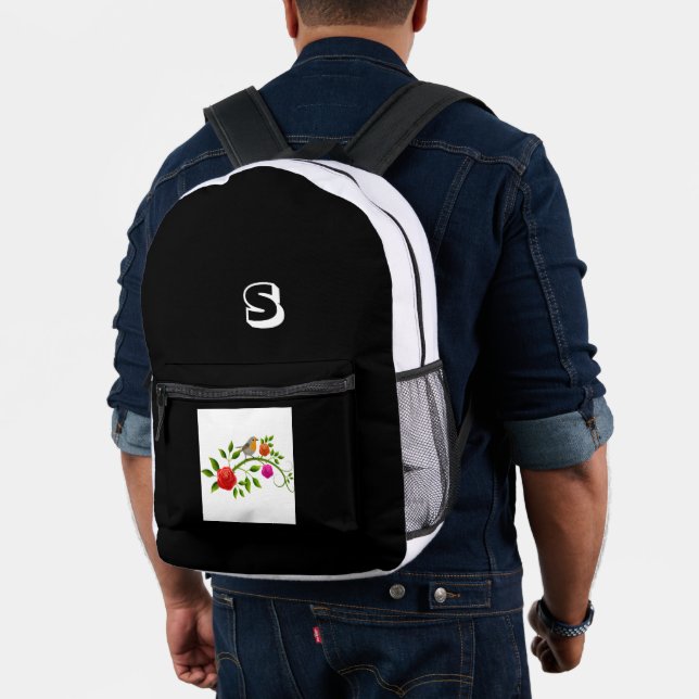 "S" Monogram Elegant Bird Sitting Branch Students Bedruckter Rucksack (Insitu (Modell))