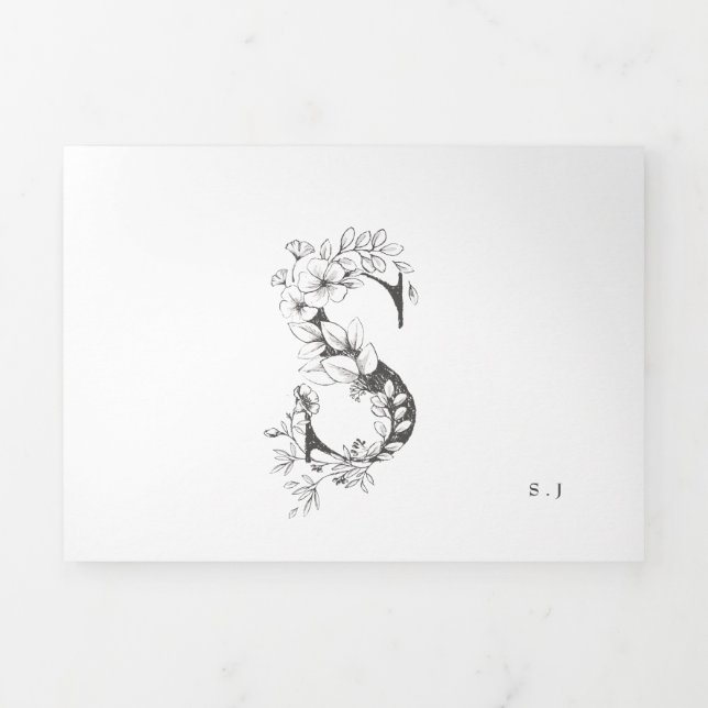 'S' Monogram Schöne gezeichnete Blumenhochzeit Dreifach Gefaltete Einladung (Cover)